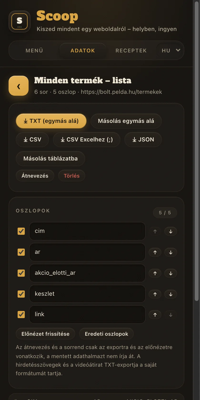 Az Adatok fül a kinyert termékek táblázatával