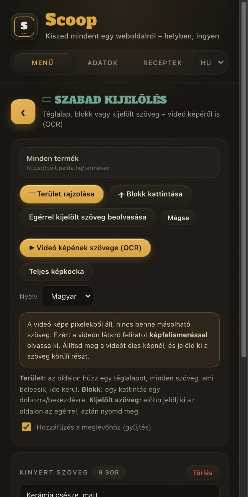 A Szabad kijelölés eszköz a kijelölt részből kiolvasott szöveggel