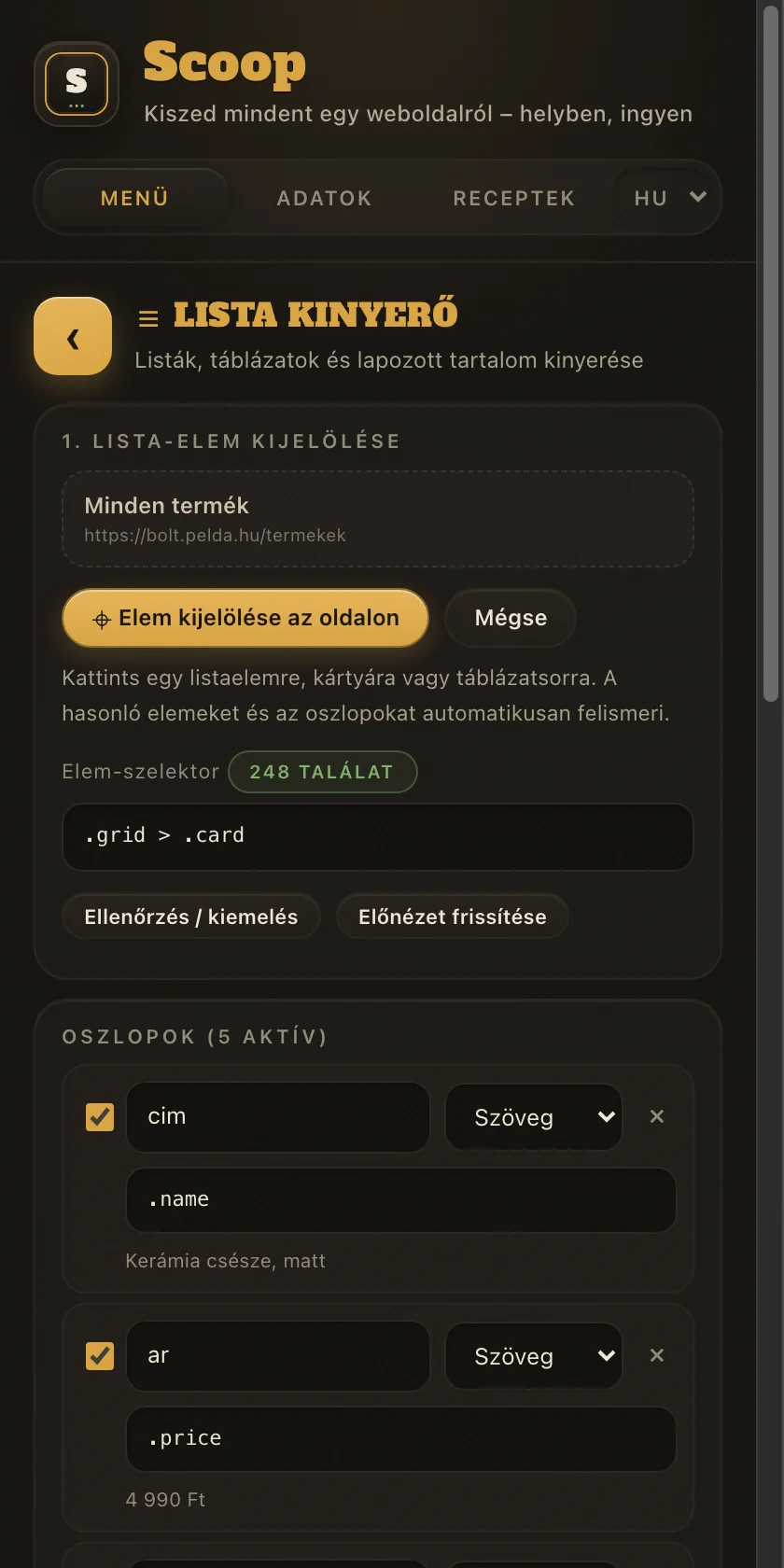 A Lista kinyerő a felismert termékekkel és oszlopokkal