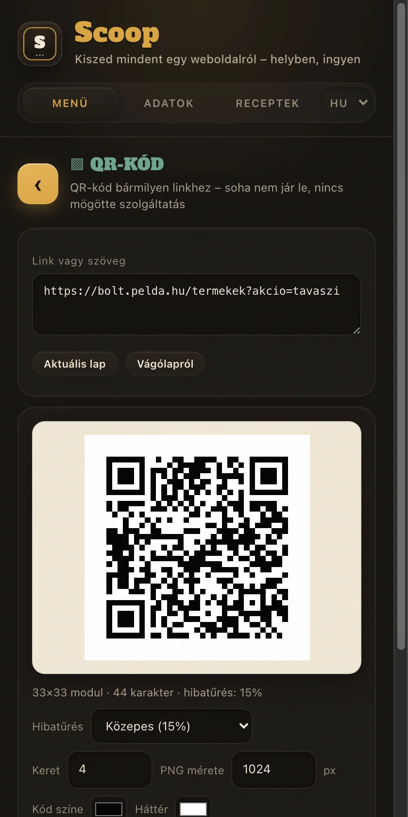A QR-kód eszköz egy elkészült kóddal