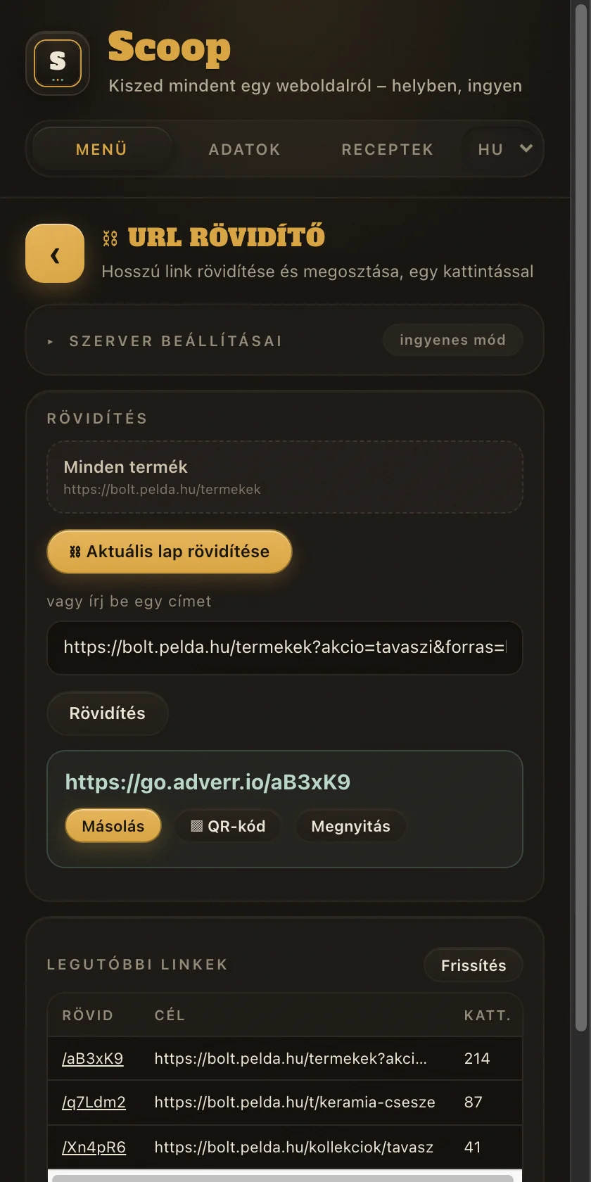 A linkrövidítő egy elkészült rövid linkkel és a korábbi linkek listájával